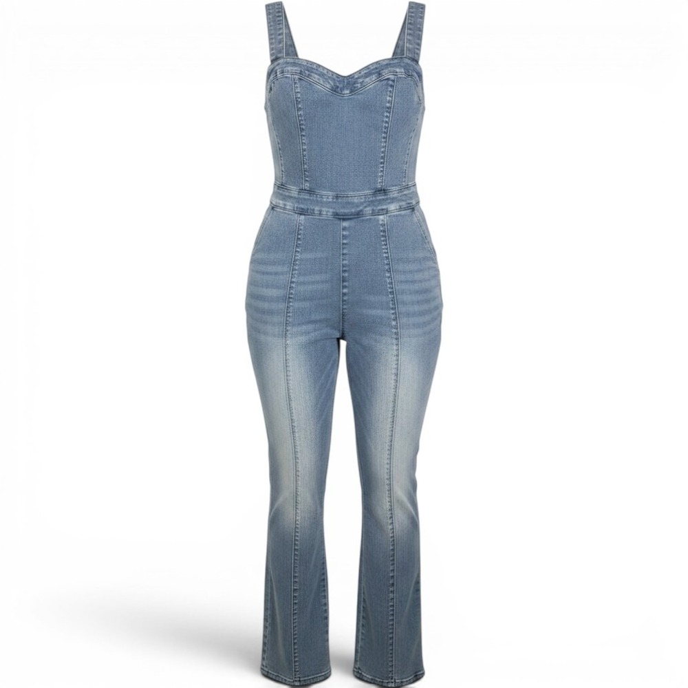 Riley & James Jumpsuit L Blue Denim Sleeveless Zip Back Seamed Utility Western